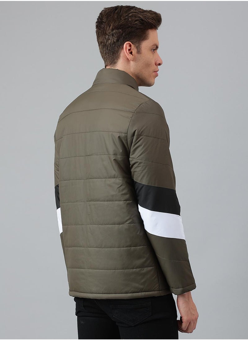 Regular Fit Olive Puffer Jackets For Men