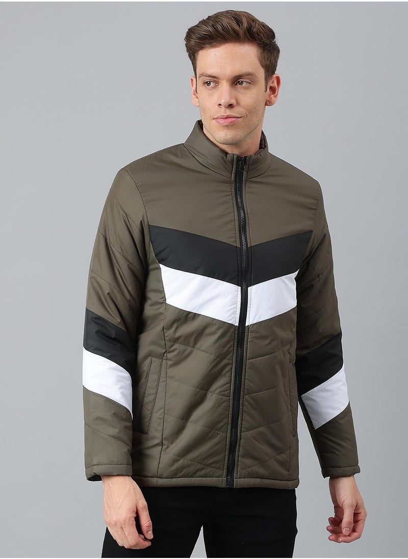 Regular Fit Olive Puffer Jackets For Men