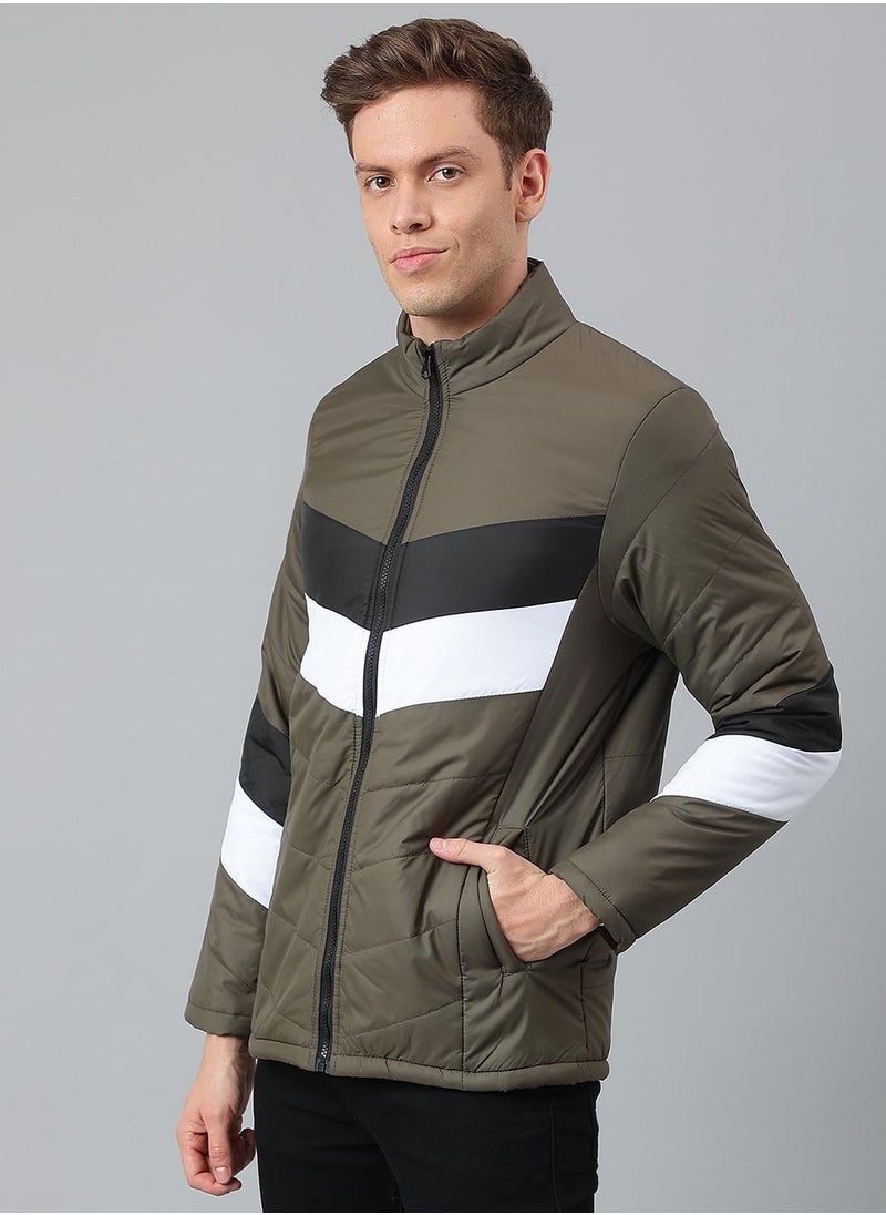 Regular Fit Olive Puffer Jackets For Men