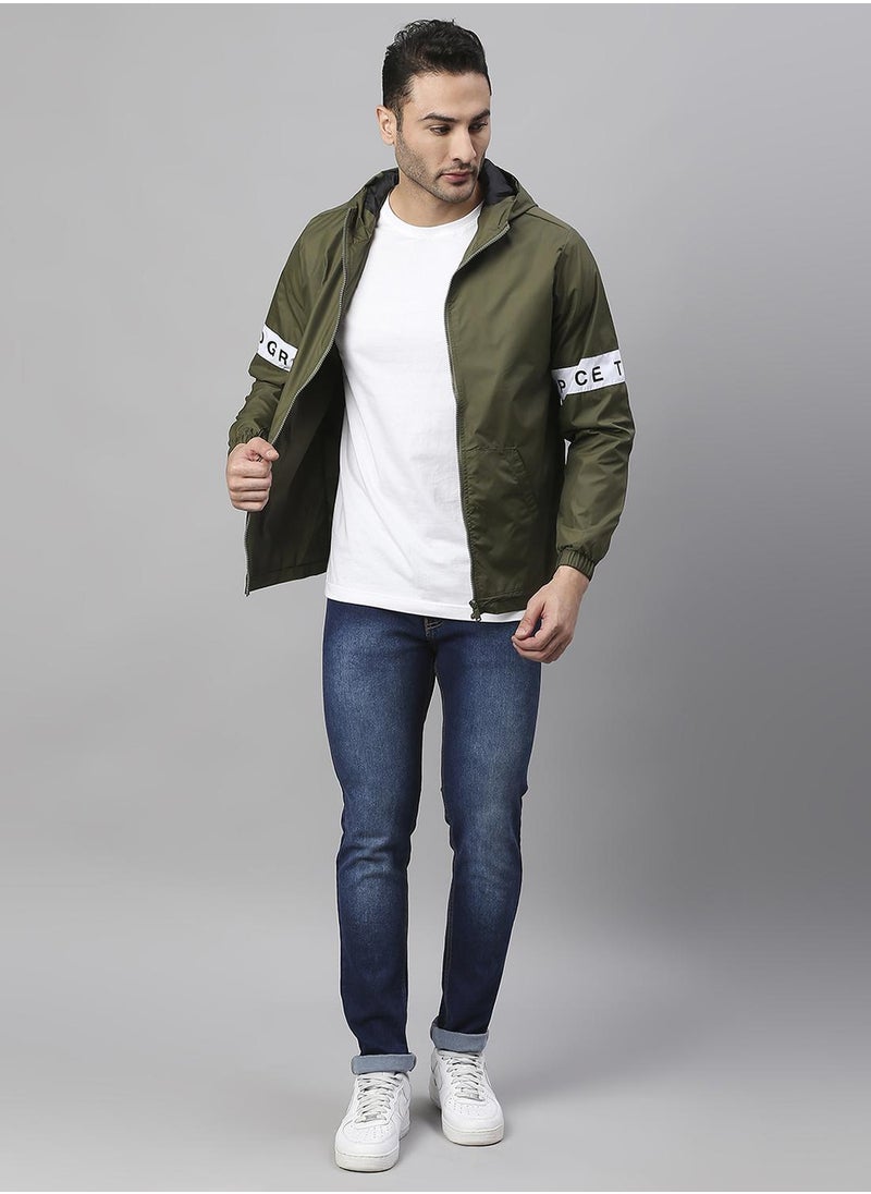 Regular Fit Olive Windbreaker Jackets For Men