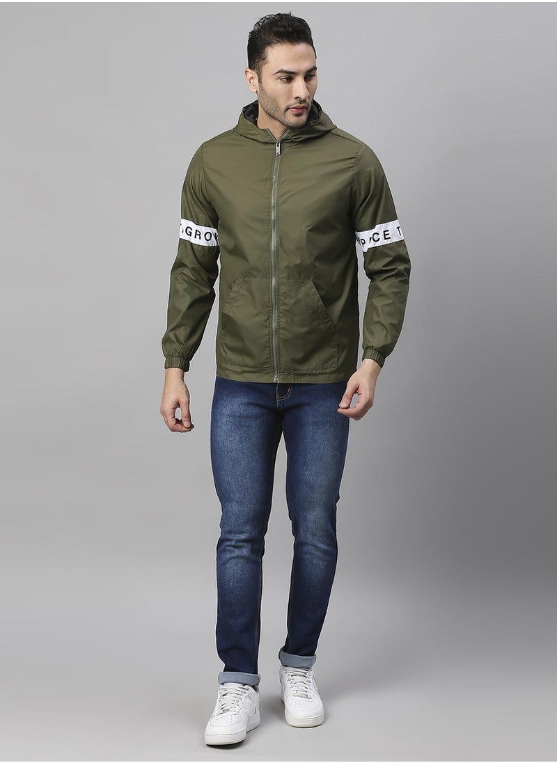 Regular Fit Olive Windbreaker Jackets For Men