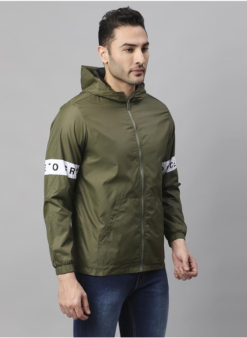 Regular Fit Olive Windbreaker Jackets For Men