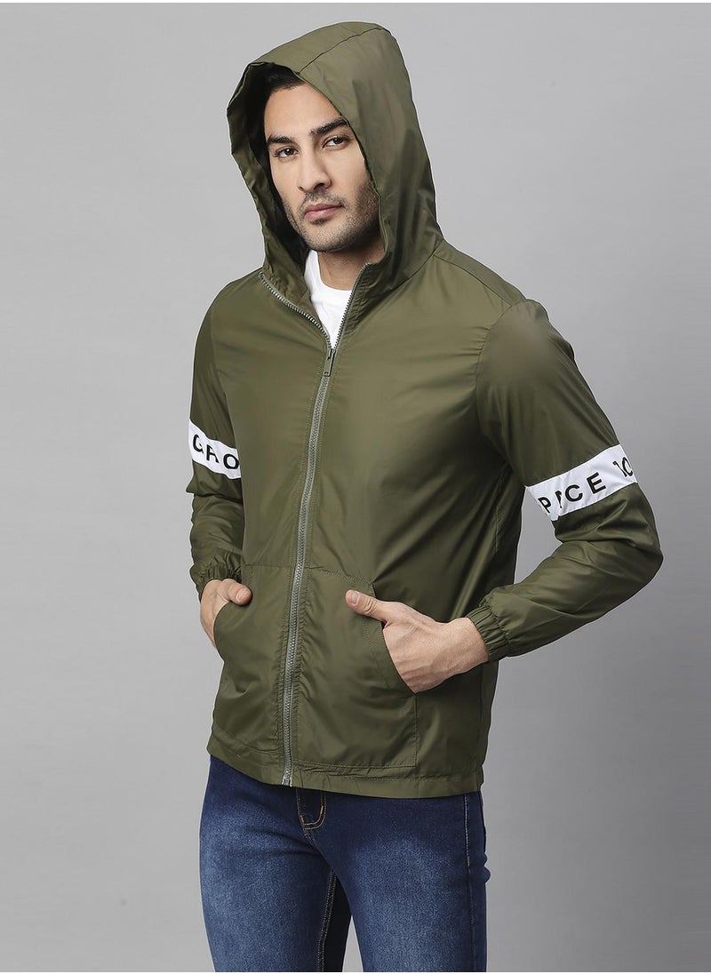 Regular Fit Olive Windbreaker Jackets For Men