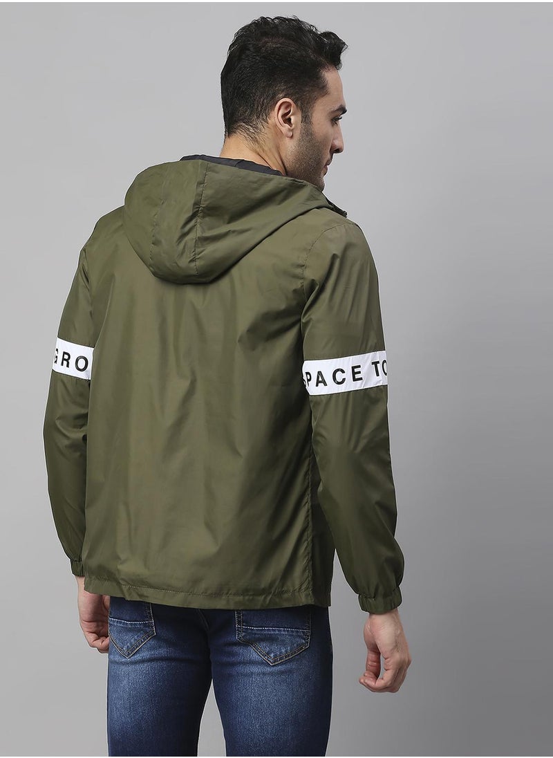 Regular Fit Olive Windbreaker Jackets For Men