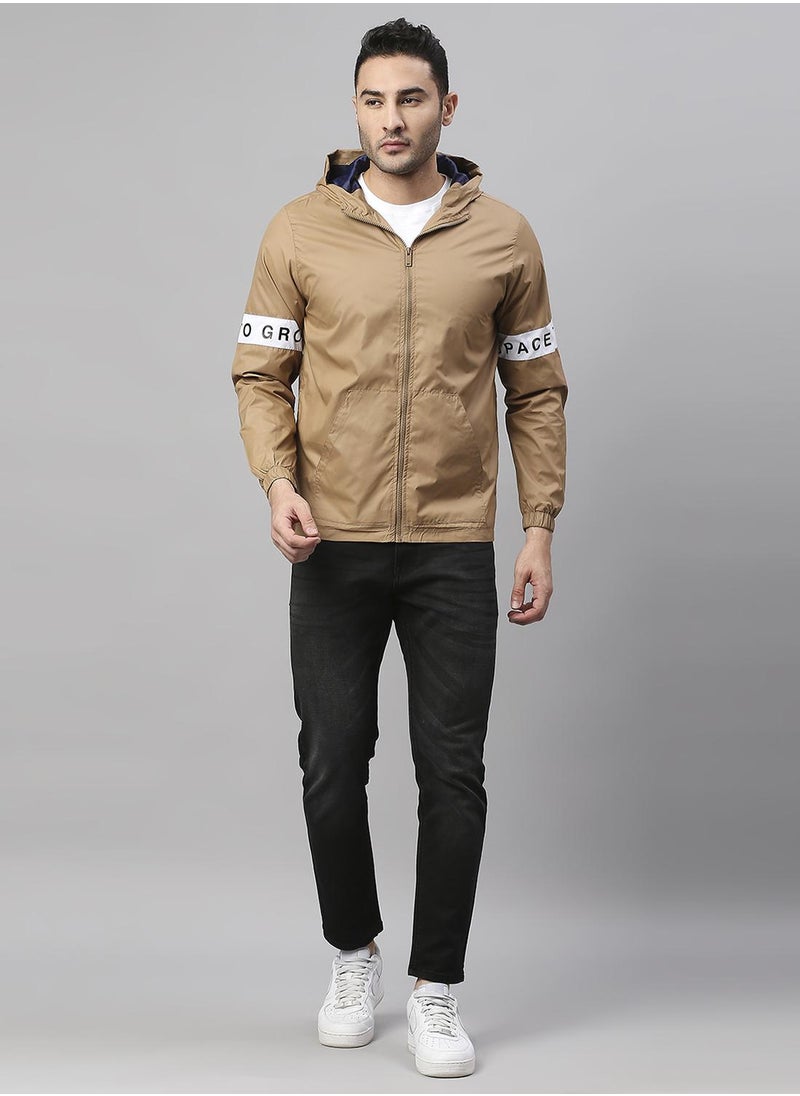 Men's Khaki 100% Polyester Striped Regular Fit Jacket