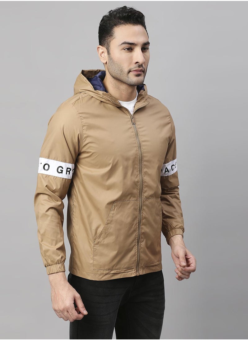 Men's Khaki 100% Polyester Striped Regular Fit Jacket