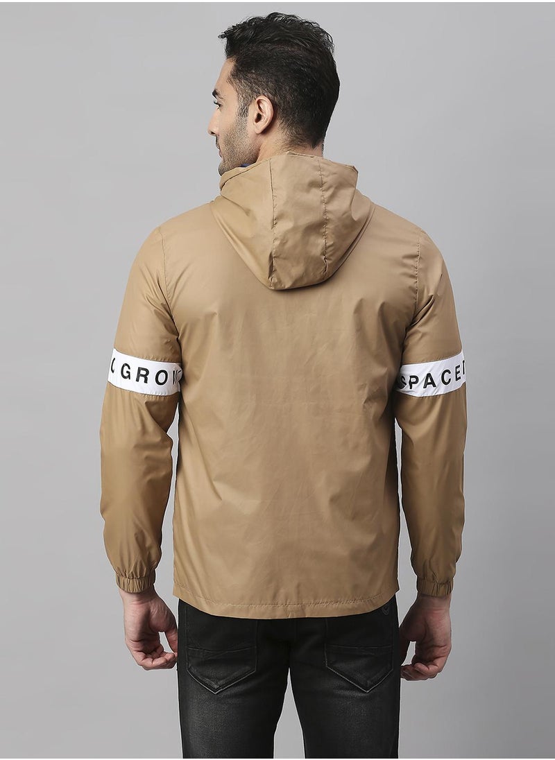 Men's Khaki 100% Polyester Striped Regular Fit Jacket