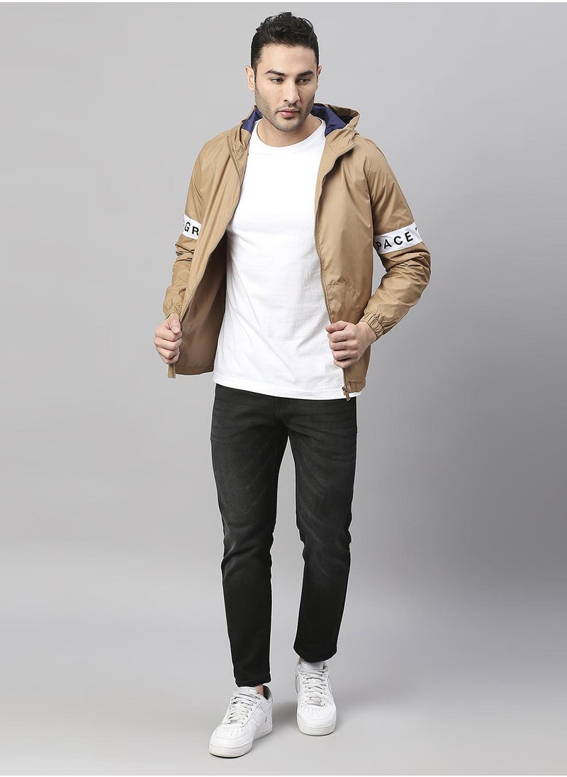 Men's Khaki 100% Polyester Striped Regular Fit Jacket