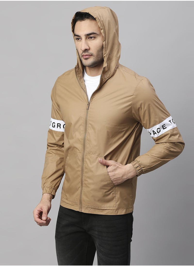 Men's Khaki 100% Polyester Striped Regular Fit Jacket