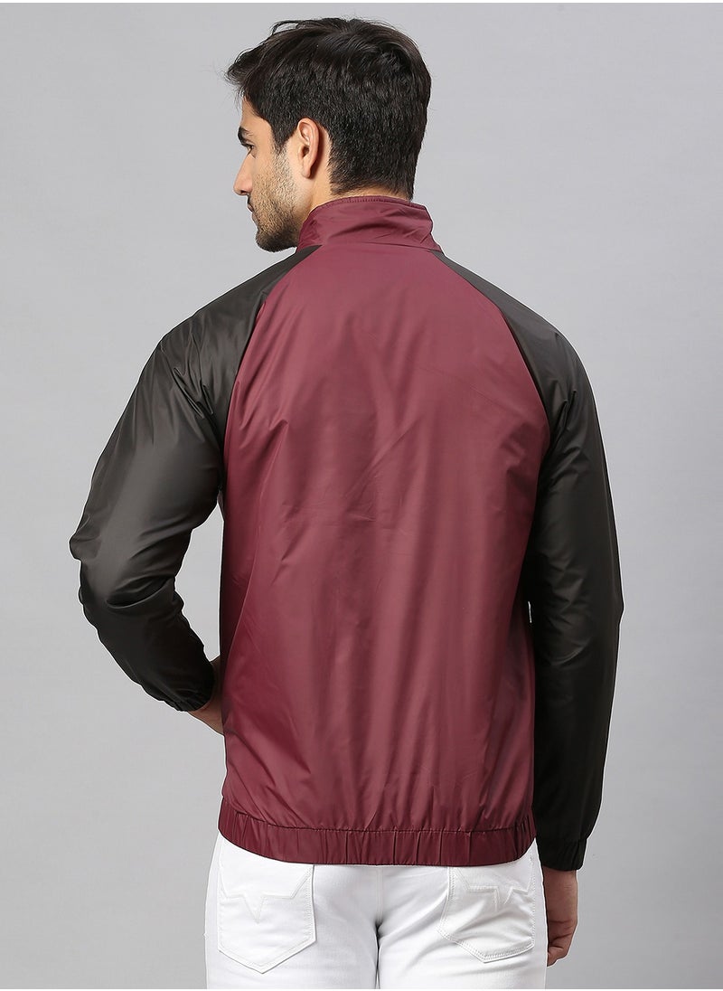 Maroon Regular Fit Men's Colourblocked Mock Neck Polyester Jacket with Zipper Closure