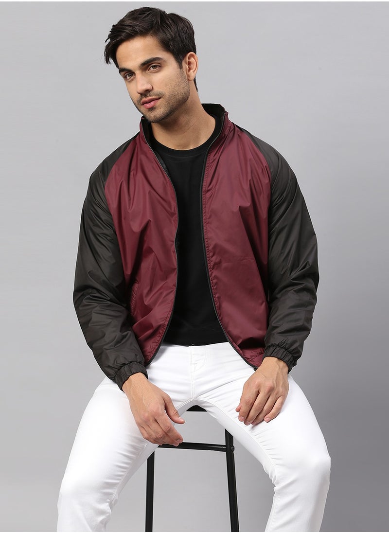 Maroon Regular Fit Men's Colourblocked Mock Neck Polyester Jacket with Zipper Closure