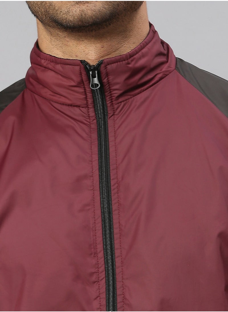 Maroon Regular Fit Men's Colourblocked Mock Neck Polyester Jacket with Zipper Closure