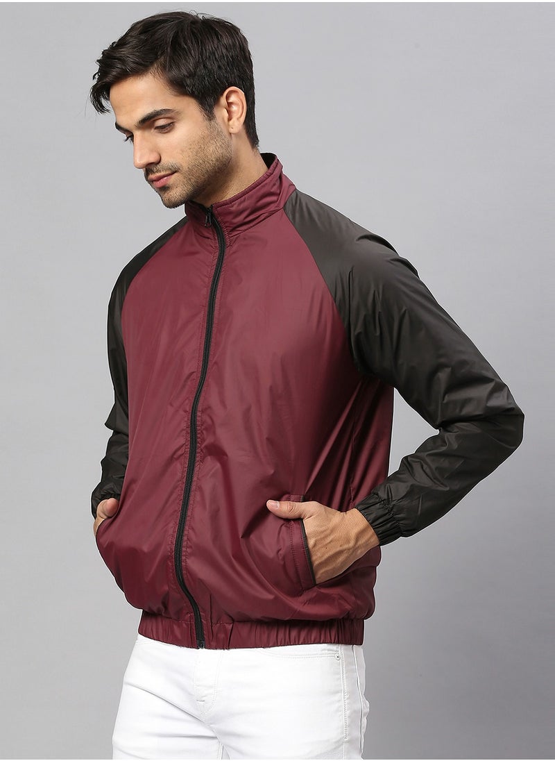 Maroon Regular Fit Men's Colourblocked Mock Neck Polyester Jacket with Zipper Closure