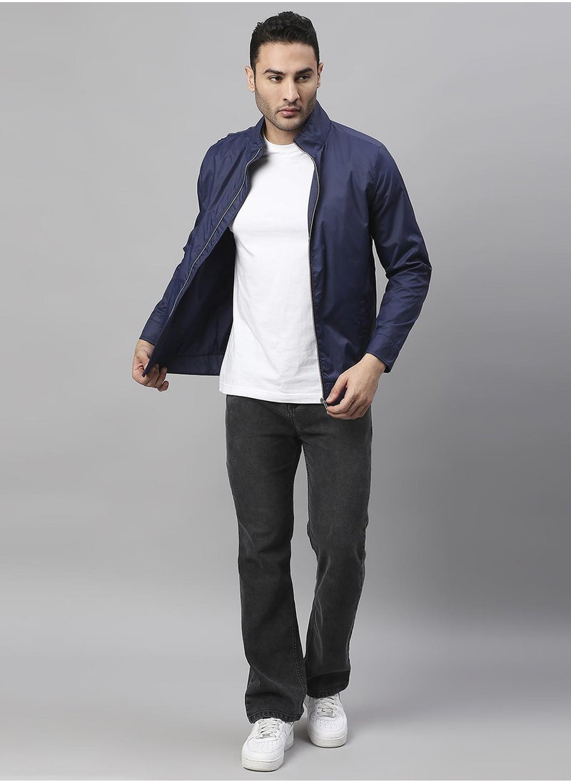 Regular Fit Navy Blue Windbreaker Jackets For Men