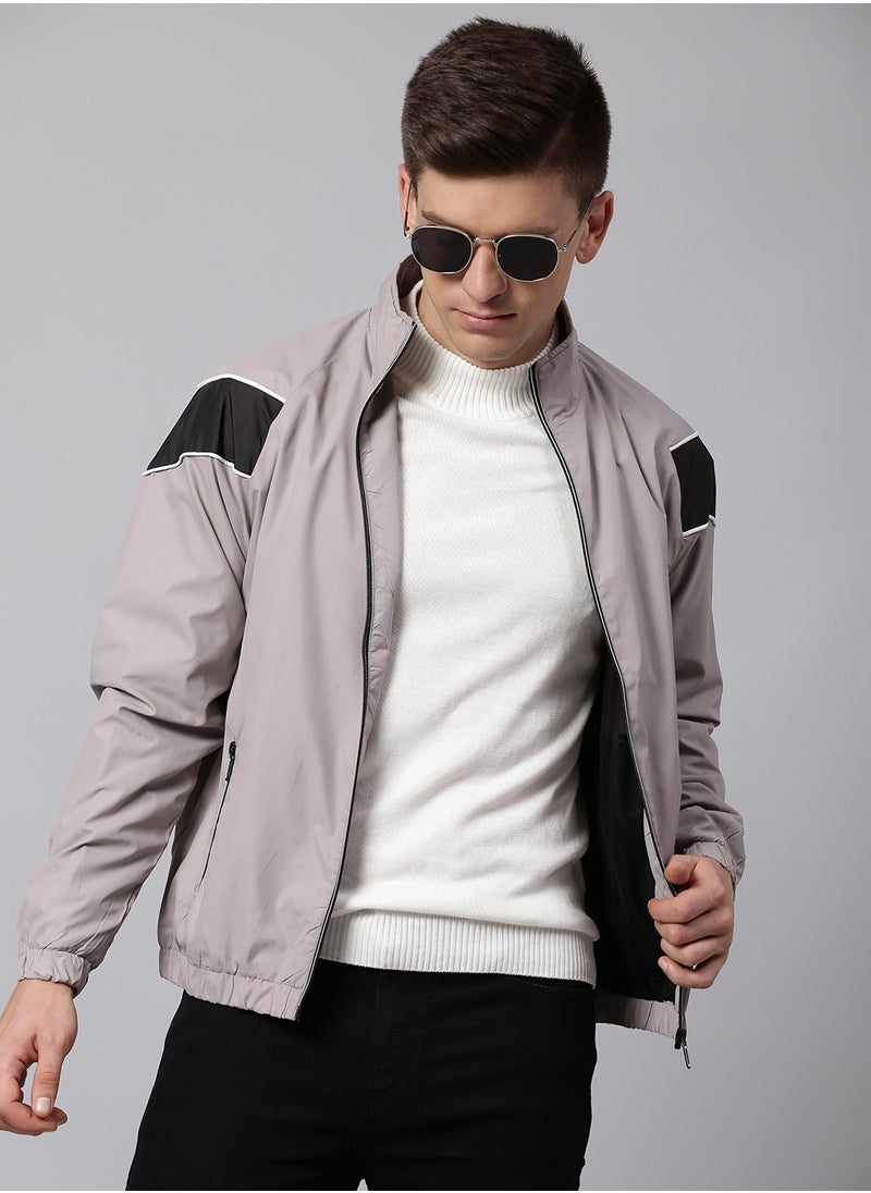 Dark Grey Regular Fit Men's Solid Mock Neck Full Sleeves Polyester Jacket with Zipper Closure