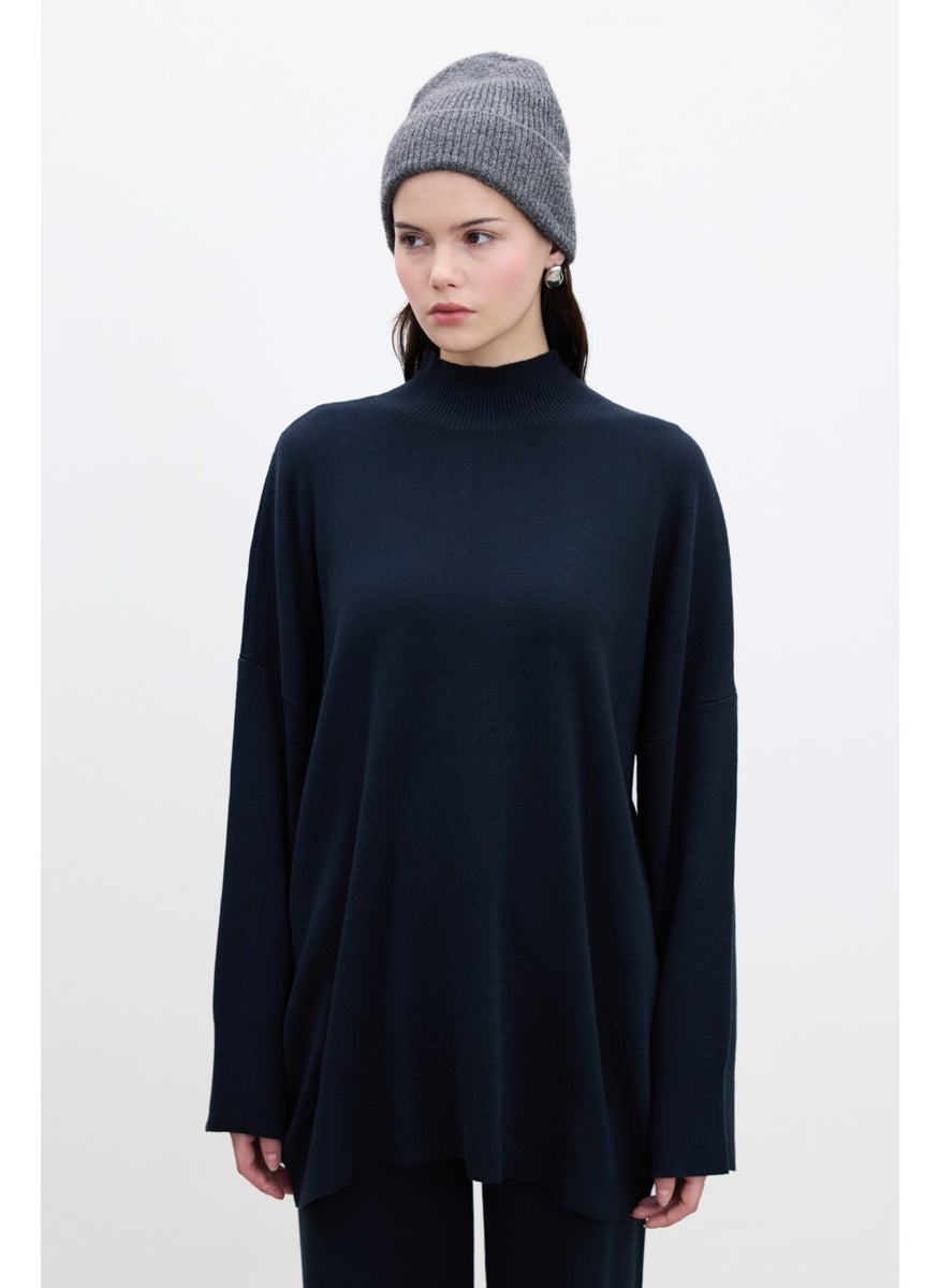 Oversize High Neck Sweater Navy Blue