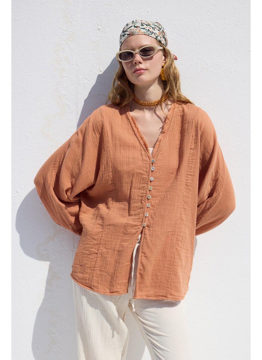 Muslin Button Down Shirt Orange