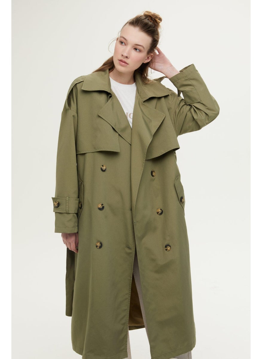 Buttoned Double Breasted Trench Coat Khaki