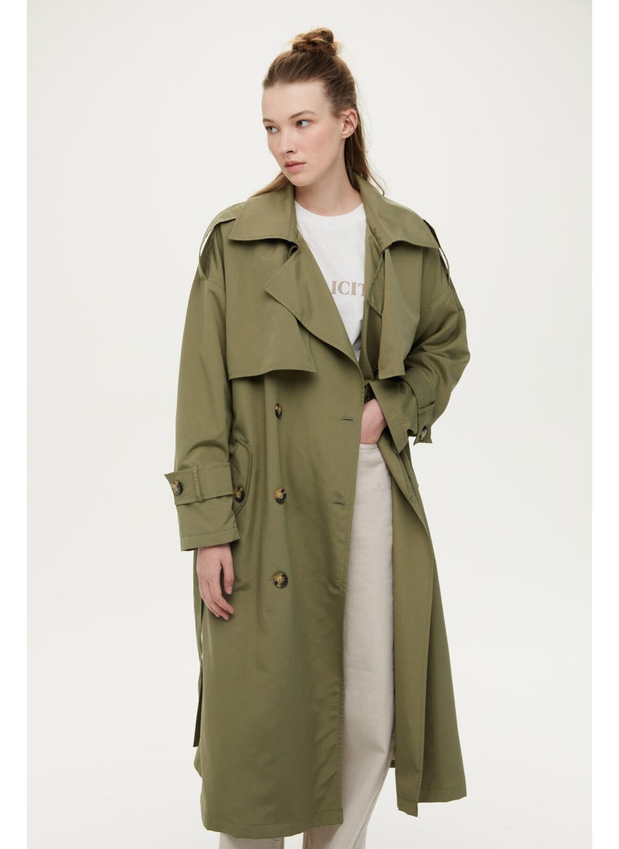 Buttoned Double Breasted Trench Coat Khaki