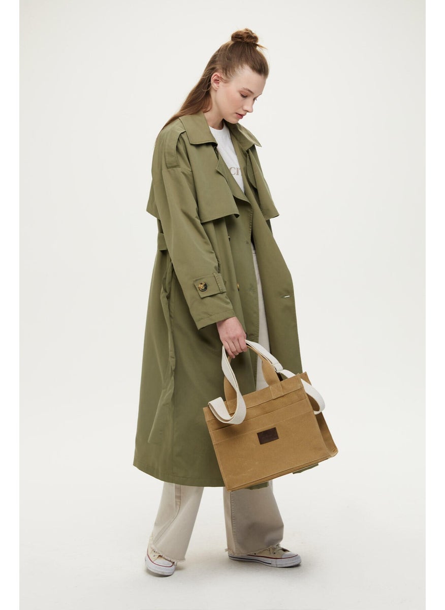 Buttoned Double Breasted Trench Coat Khaki