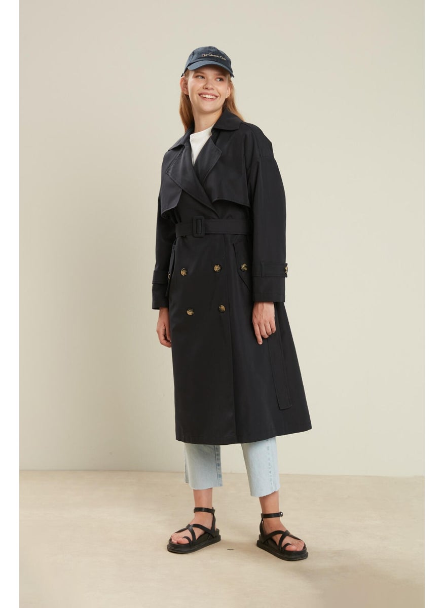 Buttoned Double Breasted Trench Coat Dark Navy Blue