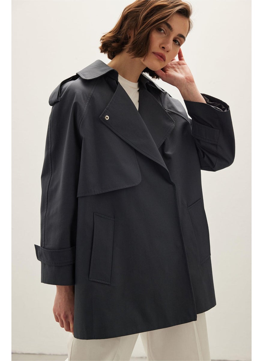 Oversized Short Trench Coat Navy Blue