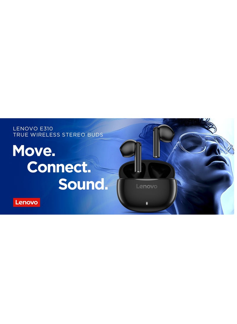 E310 True Wireless Stereo Earbuds, Bluetooth 5.3, 13mm Drivers, AI Call Noise Reduction, 20 Hours Playtime, USB-C Charging, Lightweight - Black , with 1-Year Replacement Warranty Black