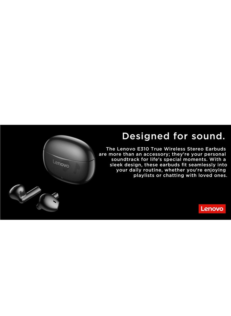 E310 True Wireless Stereo Earbuds, Bluetooth 5.3, 13mm Drivers, AI Call Noise Reduction, 20 Hours Playtime, USB-C Charging, Lightweight - Black , with 1-Year Replacement Warranty Black