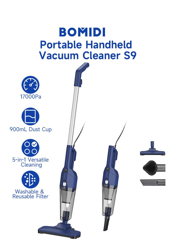 Portable Handheld Vacuum Cleaner with 17000Pa Strong Power 900mL Dust Cup, Quiet Suction- Stick Vacuum Cleaner for Wood, Carpet, Tile Floors S9- Blue