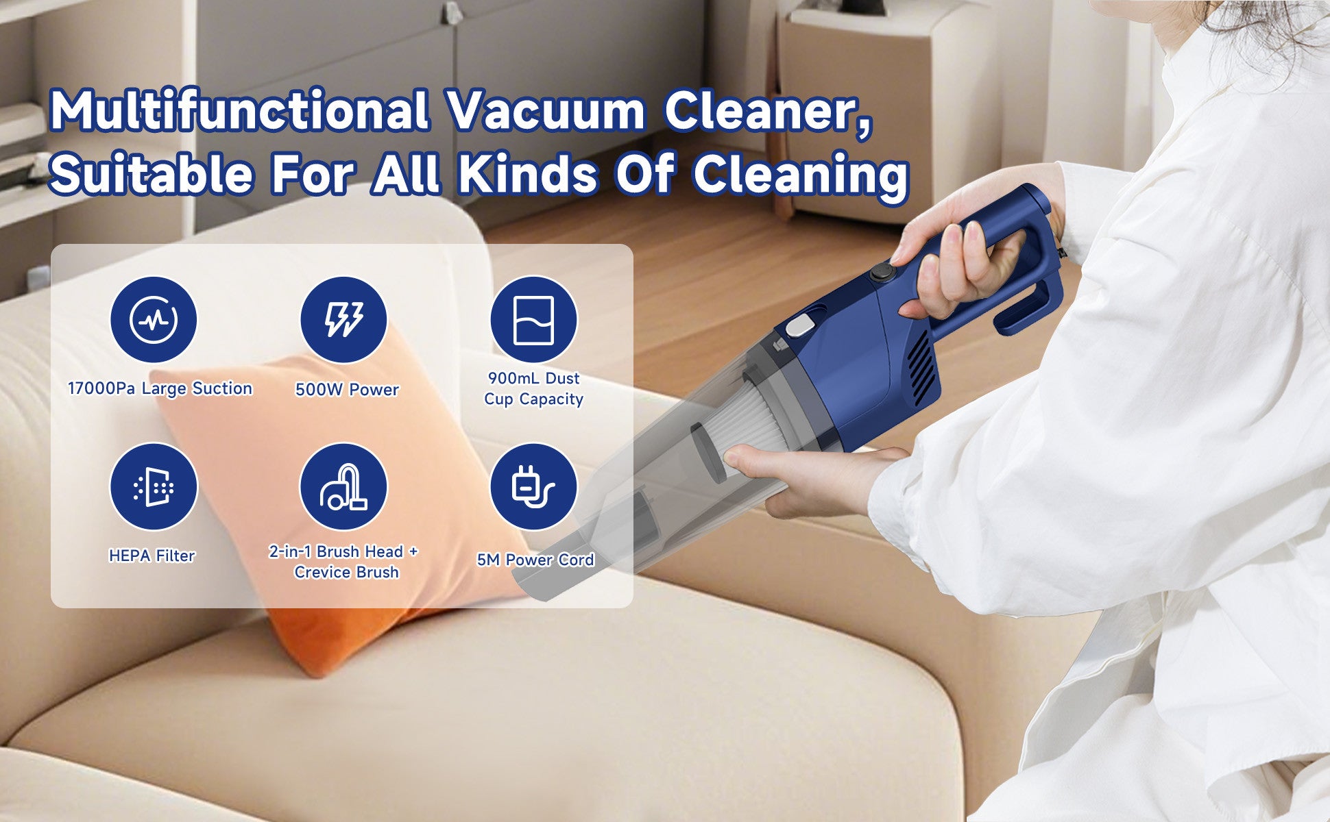 Portable Handheld Vacuum Cleaner with 17000Pa Strong Power 900mL Dust Cup, Quiet Suction- Stick Vacuum Cleaner for Wood, Carpet, Tile Floors S9- Blue
