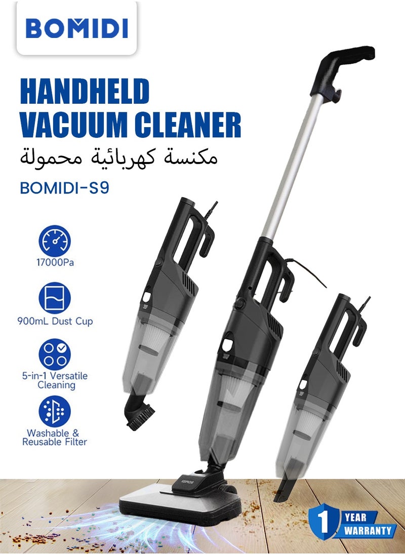 Handheld Vacuum Cleaner – 17000Pa Powerful Suction, 500W Motor, 900mL Dust Cup, Quiet Operation, 5-in-1 Multi-Surface Cleaning | BOMIDI S9 (Black)