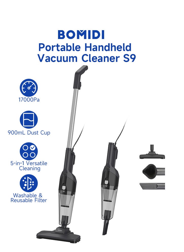 Handheld Vacuum Cleaner – 17000Pa Powerful Suction, 500W Motor, 900mL Dust Cup, Quiet Operation, 5-in-1 Multi-Surface Cleaning | BOMIDI S9 (Black)
