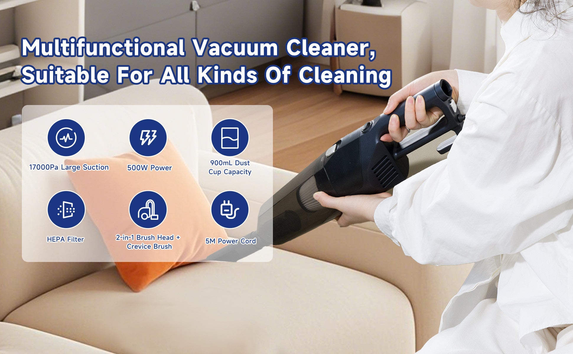Handheld Vacuum Cleaner – 17000Pa Powerful Suction, 500W Motor, 900mL Dust Cup, Quiet Operation, 5-in-1 Multi-Surface Cleaning | BOMIDI S9 (Black)