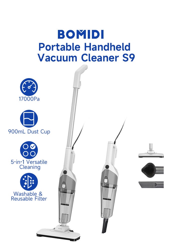 Portable Handheld Vacuum Cleaner with 17000Pa Strong Power 900mL Dust Cup, Quiet Suction- Stick Vacuum Cleaner for Wood, Carpet, Tile Floors S9- White