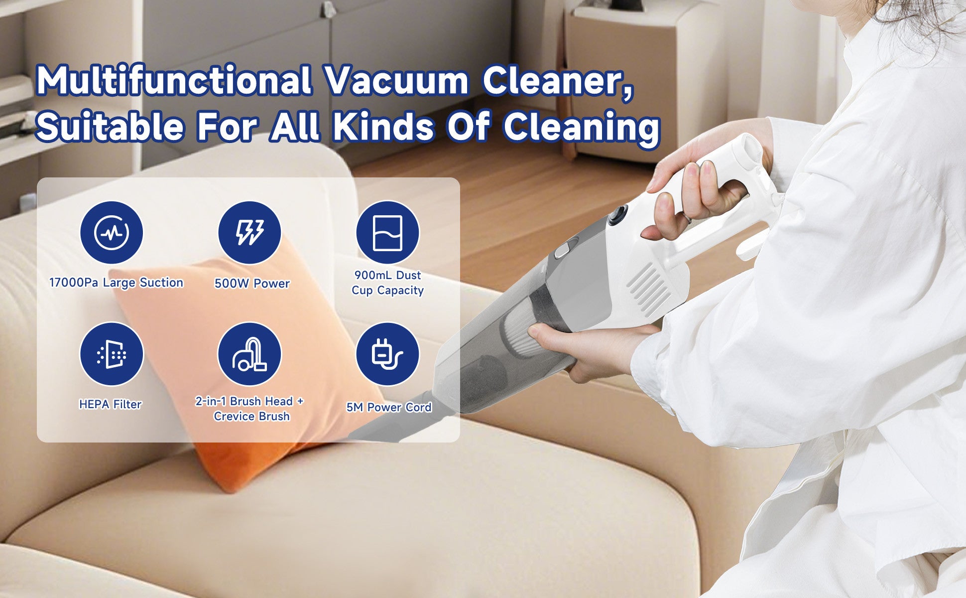 Portable Handheld Vacuum Cleaner with 17000Pa Strong Power 900mL Dust Cup, Quiet Suction- Stick Vacuum Cleaner for Wood, Carpet, Tile Floors S9- White