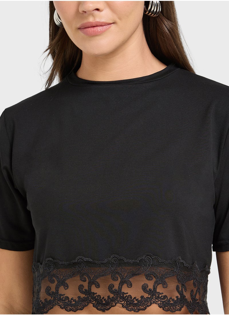 Boxy Crop T-Shirt With Lace Detailing