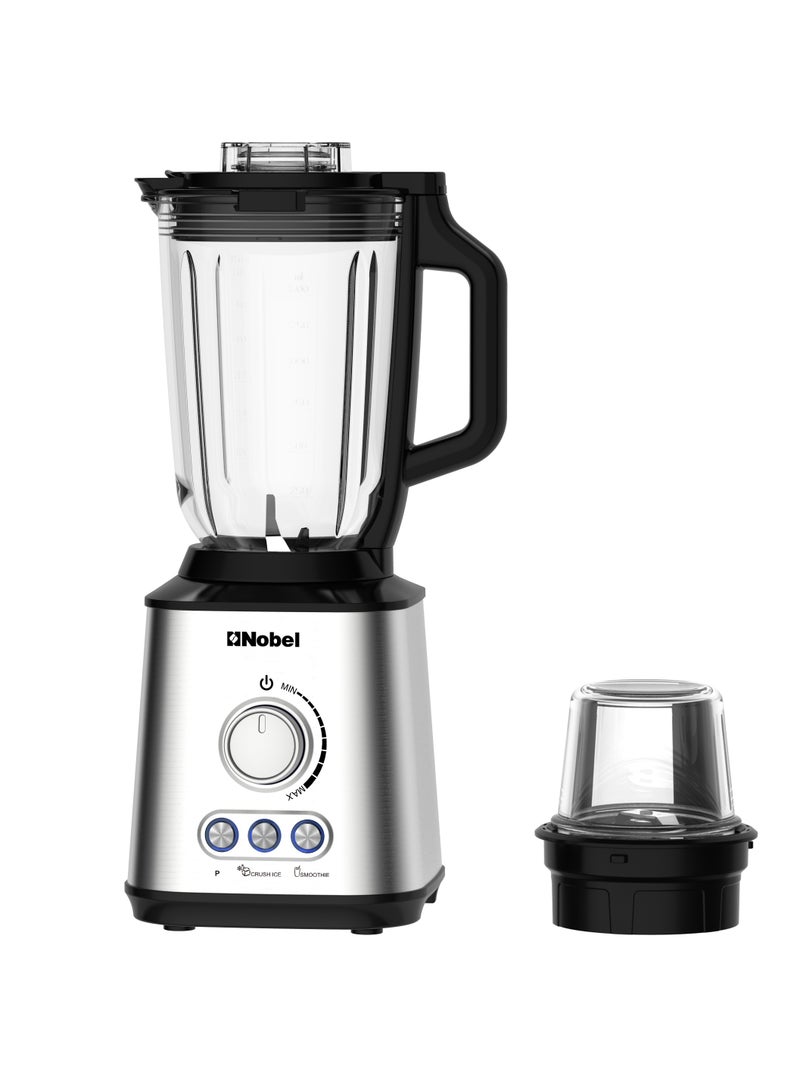 Nobel 2-in-1 Blender with 1.5L Glass Jar, 0.3L Grinder Jar, Stainless Steel Blades, Variable Speed Control, and 800W Motor NB280 1.75 L 800 W NB280 silver