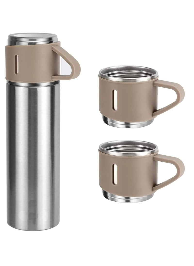 500ml Stainless Steel Vacuum Thermos Flask with Silicone Handle – Insulated Water Bottle Set with 2 Stainless Steel Cups for Hot & Cold Drinks – Ideal for Outdoor Travel, Camping. Hiking | Gift Box Set (2 PACK) – Silver Beige