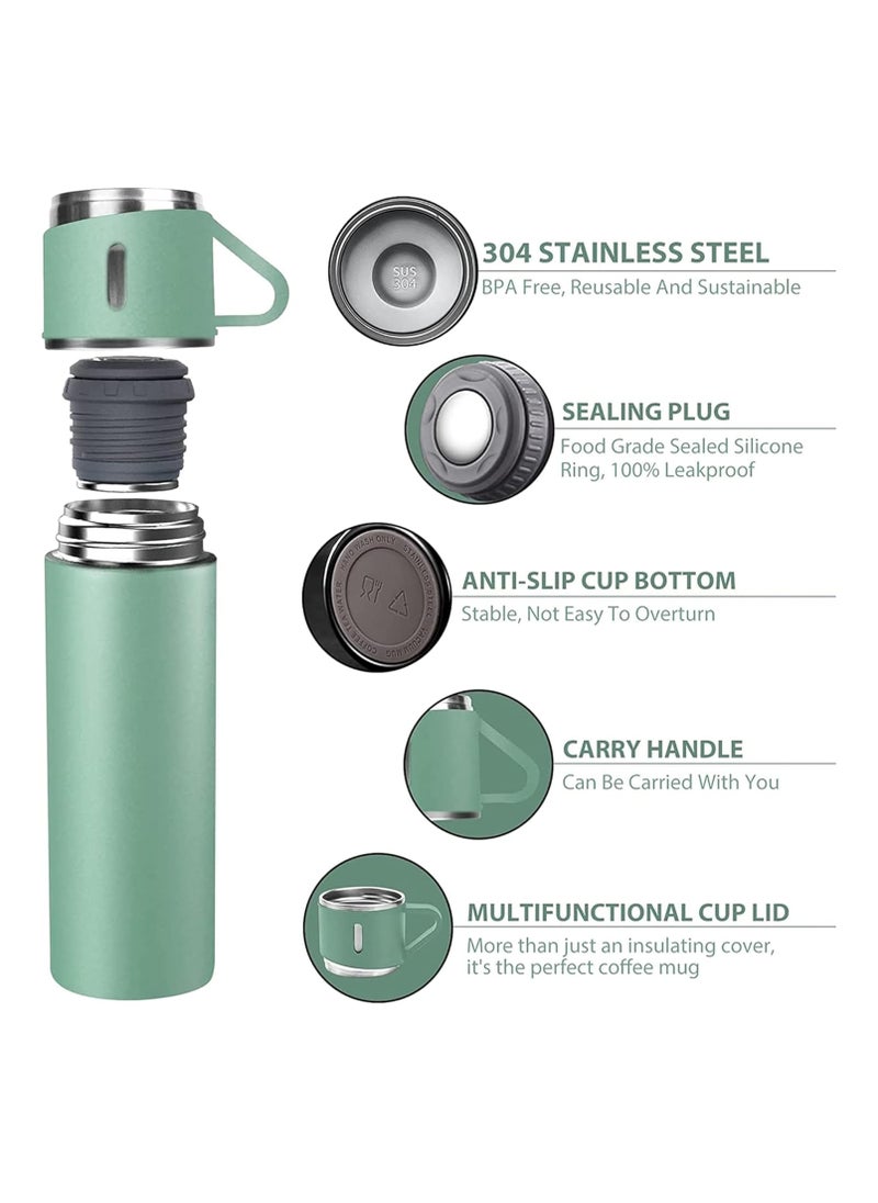 500ml Stainless Steel Vacuum Thermos Flask with Silicone Handle – Insulated Water Bottle Set with 2 Stainless Steel Cups for Hot & Cold Drinks – Ideal for Outdoor Travel, Camping Hiking | Gift Box Set (2 PACK) – Green