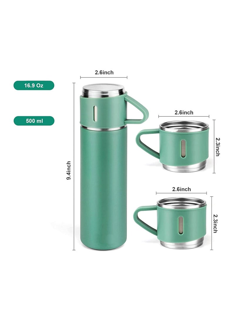 500ml Stainless Steel Vacuum Thermos Flask with Silicone Handle – Insulated Water Bottle Set with 2 Stainless Steel Cups for Hot & Cold Drinks – Ideal for Outdoor Travel, Camping Hiking | Gift Box Set (2 PACK) – Green