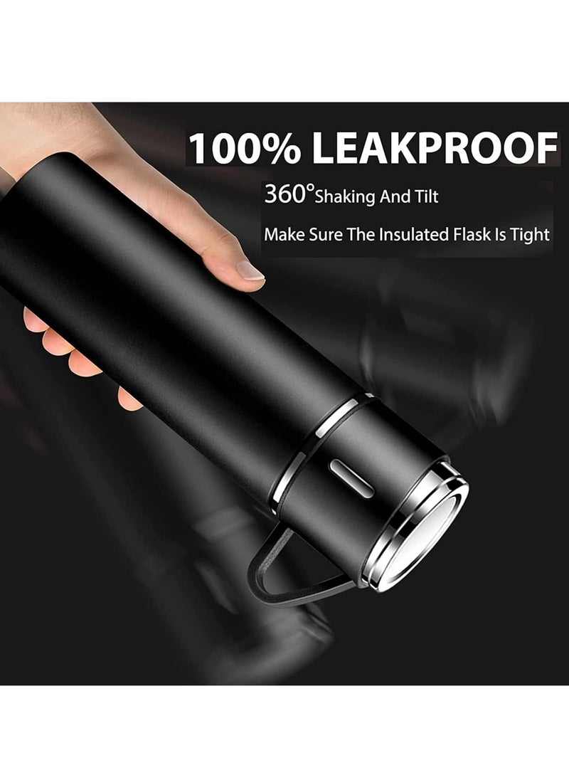 500ml Stainless Steel Vacuum Thermos Flask with Silicone Handle & Insulated Water Bottle – 2 Stainless Steel Cups Set for Hot & Cold Beverages, Outdoor Travel Gift Box (2 PACK, BLACK)