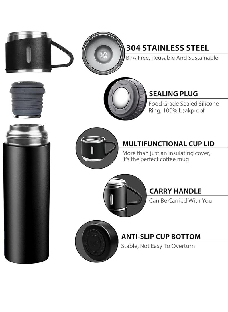 500ml Stainless Steel Vacuum Thermos Flask with Silicone Handle & Insulated Water Bottle – Set of 2 Stainless Steel Cups for Hot & Cold Beverages Outdoor Travel, Gift Box (2 Pack, Black)