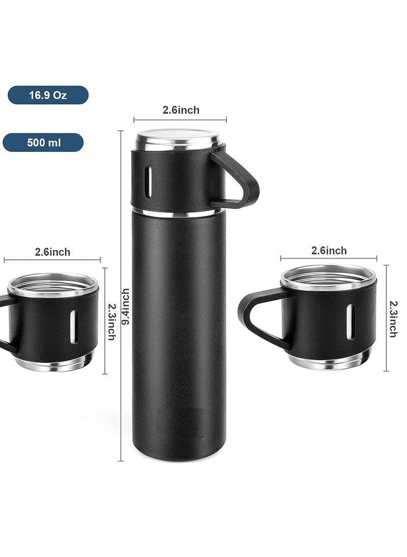 500ml Stainless Steel Vacuum Thermos Flask with Silicone Handle & Insulated Water Bottle – Set of 2 Stainless Steel Cups for Hot & Cold Beverages Outdoor Travel, Gift Box (2 Pack, Black)