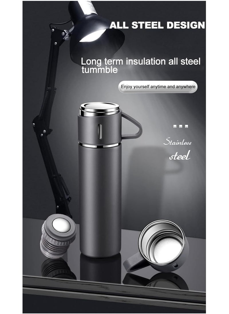 500ml Stainless Steel Vacuum Thermos Flask with Silicone Handle & Insulated Water Bottle – 2 Stainless Steel Cups Set for Hot & Cold Beverages, Outdoor Travel Essential Gift Box (2 PACK, GREY)