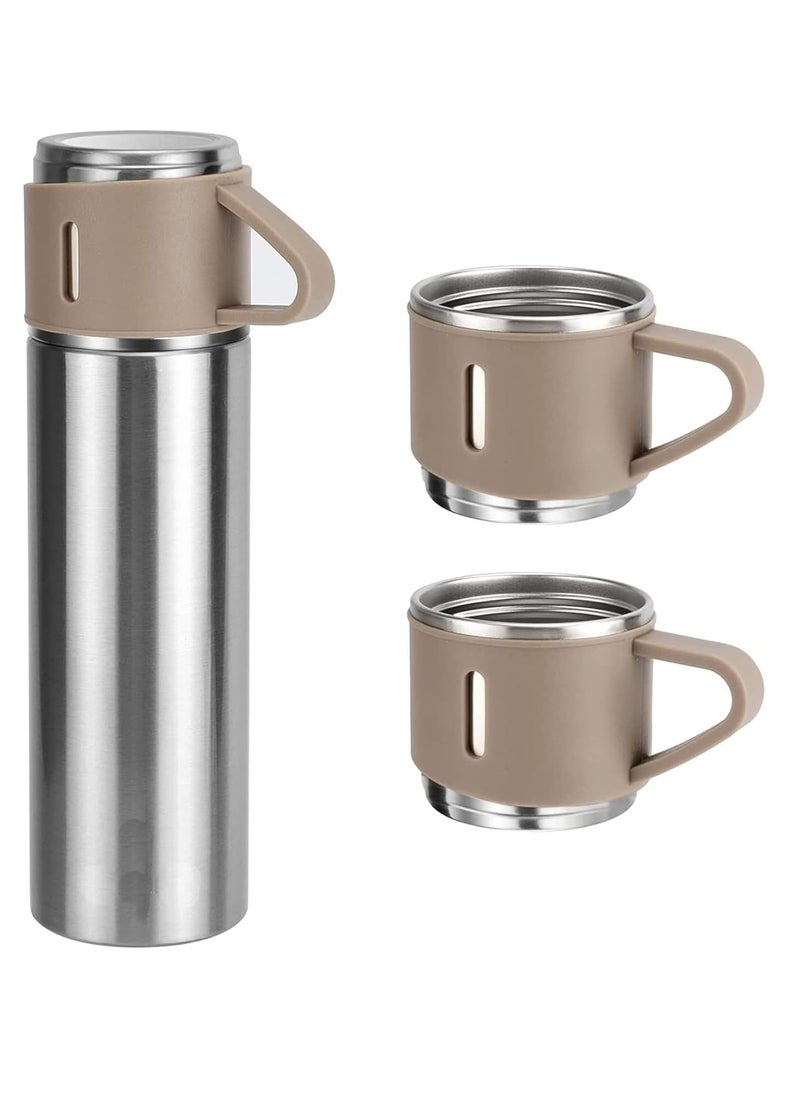 500ml Stainless Steel Vacuum Thermos Flask with Silicone Handle & Insulated Water Bottle – 2 Stainless Steel Cups Set for Hot & Cold Beverages, Outdoor Travel Gift Box (2 PACK, SILVER BEIGE)