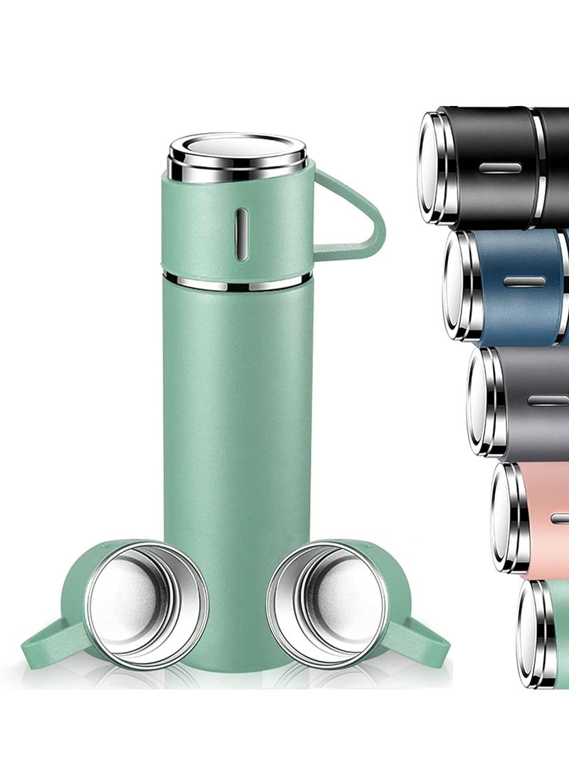 500ml Stainless Steel Vacuum Thermos Flask with Silicone Handle & Insulated Water Bottle – 2 Stainless Steel Cups Set for Hot & Cold Beverages, Outdoor Travel Gift Box (2 PACK, GREEN)