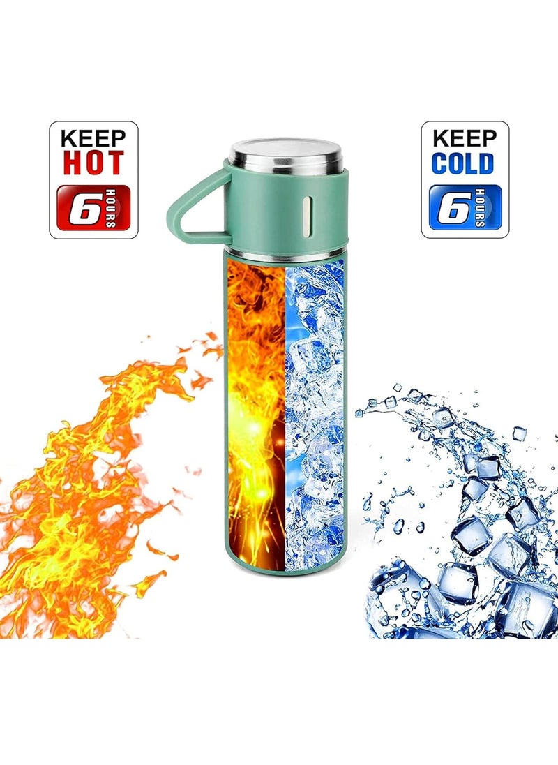 500ml Stainless Steel Vacuum Thermos Flask with Silicone Handle & Insulated Water Bottle – 2 Stainless Steel Cups Set for Hot & Cold Beverages, Outdoor Travel Gift Box (2 PACK, GREEN)