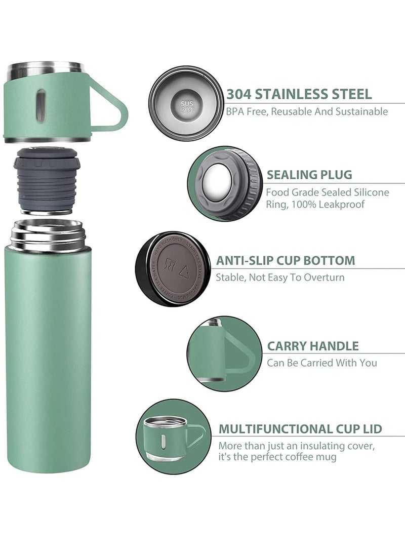 500ml Stainless Steel Vacuum Thermos Flask with Silicone Handle & Insulated Water Bottle – 2 Stainless Steel Cups Set for Hot & Cold Beverages, Outdoor Travel Gift Box (2 PACK, GREEN)