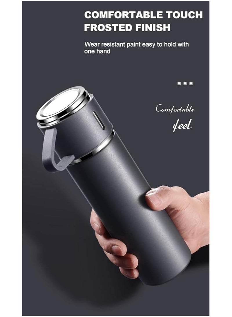 500ml Stainless Steel Vacuum Thermos Flask with Silicone Handle & Insulated Water Bottle – Set of 2 Stainless Steel Cups for Hot & Cold Beverages, Outdoor Travel Essential Gift Box (2 Pack, Grey)