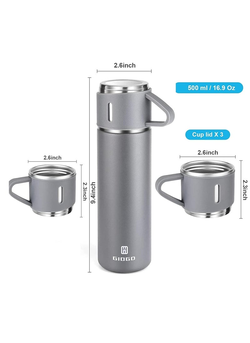 500ml Stainless Steel Vacuum Thermos Flask with Silicone Handle & Insulated Water Bottle – Set of 2 Stainless Steel Cups for Hot & Cold Beverages, Outdoor Travel Essential Gift Box (2 Pack, Grey)
